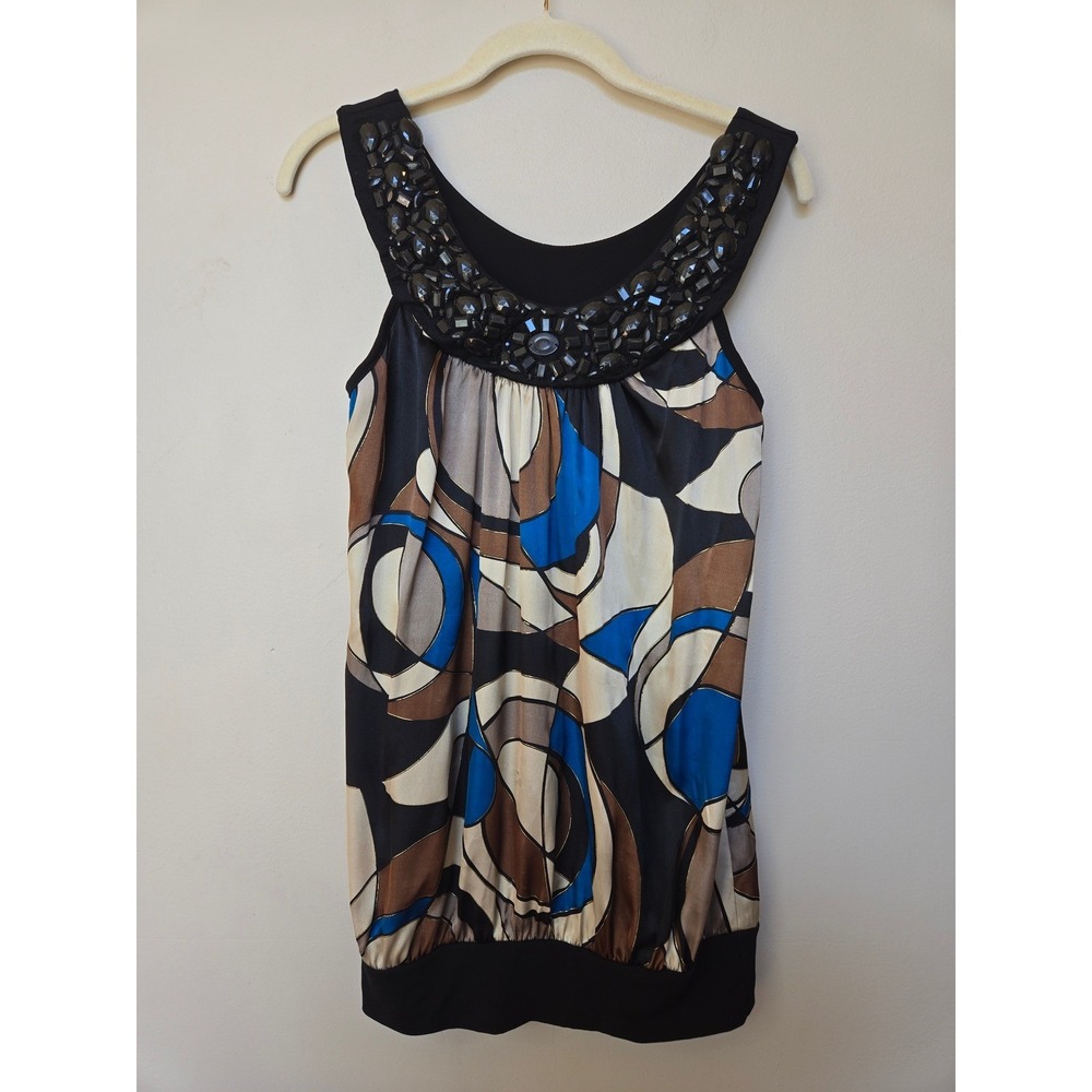 Vintage Y2K Geometric Beaded Blouson Tunic Tank Top XL Blue Brown Black
